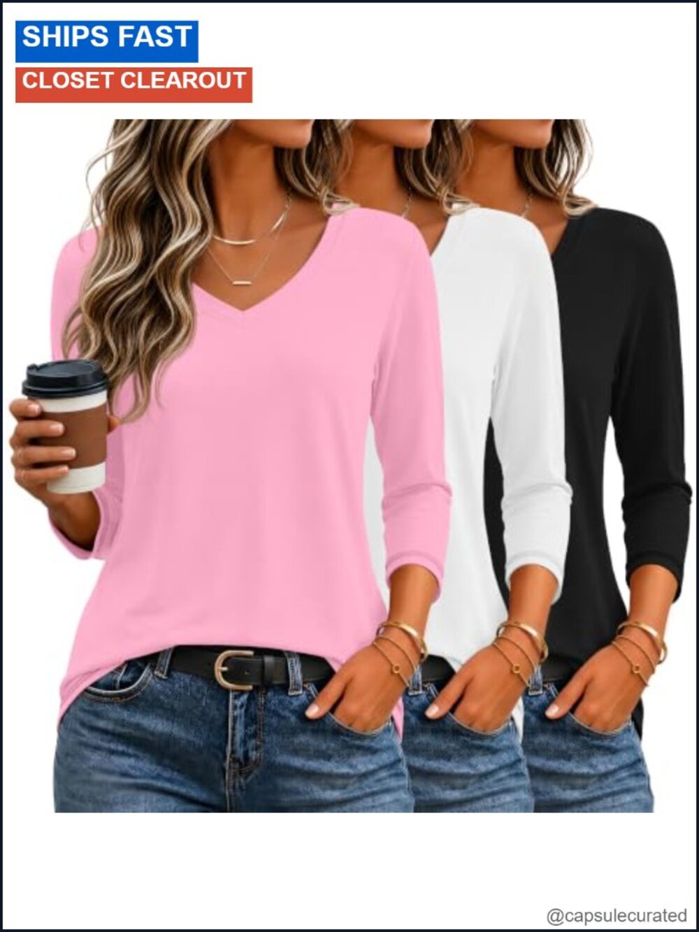 3 Pack Women's 3/4 Sleeve V-Neck Tops Multipack Stretch Knit Blouse Tunic Shirt